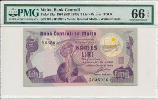 Bank Centrali Malta 5 Liri 1967 Pmg 66epq