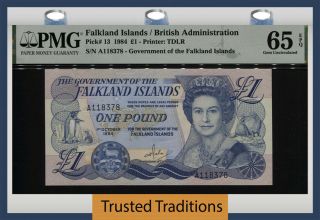 Tt Pk 13 1984 Falkland Islands 1 Pound Queen Elizabeth Ii Pmg 65 Epq Gem Unc