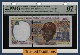 Tt Pk 404lf 2000 Central African States / Gabon 5000 Francs Pmg 67 Epq One Finer