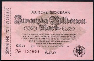 Berlin 1923 20 Trillion Mark Railroad Inflation Banknote Reichsbahn Notgeld