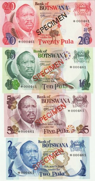 Botswana - (5),  1,  2,  5,  10,  20 Pula " Specimen " Set,  1979 Choice Uncirculated,  P Cs1 - 00461