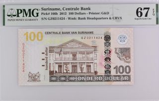 Suriname 100 Dollars 2012 P 166 B Gem Unc Pmg 67 Epq