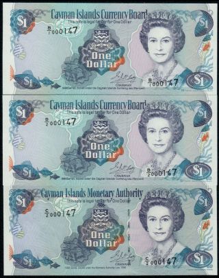 Cayman Islands 1 Dollar (p16a,  16b,  21) 1996/98 Matching Numbers 000147 Unc