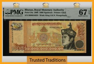 Tt Pk 34a 2008 Bhutan Royal Monetary Authority 1000 Ngultrum Pmg 67 Epq