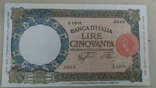 Italy 50 Lire Banknote 1943 Cinovanta Italian Paper Bill Currency Aug 9 A Series