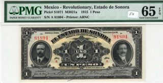 Mexico 1915 1 Peso Pmg Certified Banknote Unc 65 Gem Epq Pick S1071 Abnc