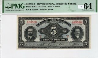 Mexico 1915 5 Pesos Pmg Certified Banknote Unc 64 Choice Pick S1072 Abnc