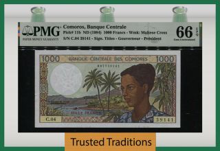 Tt Pk 11b 1984 Comoros Banque Centrale 1000 Francs Pmg 66 Epq Stunning Gem Unc