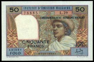 Madagascar 50 Francs 10 Ariary Au/unc Pick 61 Rare Banknote French Colony