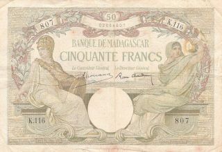 Banque De Madagascar 50 Francs 1937 P - 38 Af,  Minerva