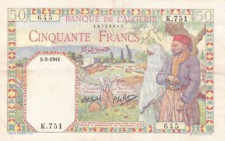 Banque De Algeria 50 Francs 1941 P - 84 Vf El - Djem Amphitheatre
