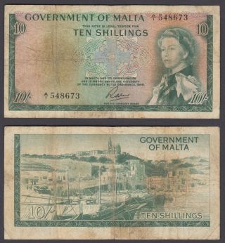 Malta 10 Shillings L.  1949 (1963) Banknote (f) Banknote P - 25 Qeii