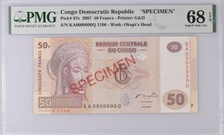 Congo 50 Francs 2007 P 97 S Ka - Q Specimen Gem Unc Pmg 68 Epq Top Pop