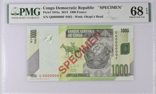 Congo 1000 Francs 2013 P 101 Specimen Gem Unc Pmg 68 Epq Top Pop