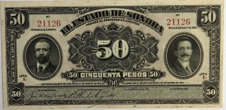 1915 MÉxico Banknote Cinquenta 50 Pesos El Estado De Sonora Serie L M3825a