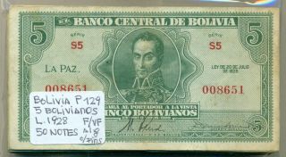 Bolivia Bundle 50 Notes 5 Bolivianos Law 1928 P 129 F/vf
