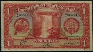 British Guhana King Gorge Vi $1 Banknote 1942