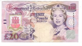 Gibraltar 20 Pounds Axf Queen Elizabeth Ii Banknote (1995) P - 27 Prefix Aa