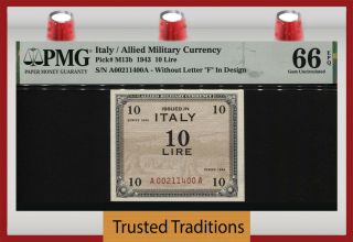 Tt Pk M13b 1943 Italy / Allied Military Currency 10 Lire Pmg 66 Epq Gem Unc