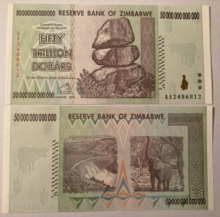 Zimbabwe 50 Trillion Dollars,  2008 Aa Uncirculated Banknote (uv Passed)