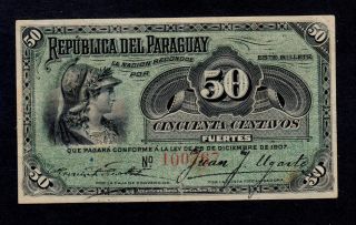 Paraguay 50 Centavos L.  1907 6 Digits Pick 115 Vf,