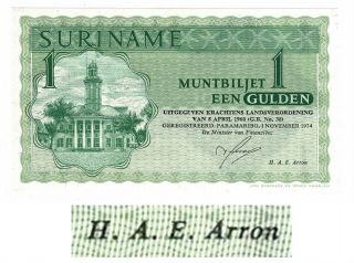 Suriname 1 Gulden 1974 Au/unc Arron State Note Jez Surinam Pick 116c