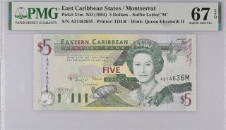 East Caribbean 5 Dollars Nd 1994 P 31 M Montserrat Gem Unc Pmg 67 Epq