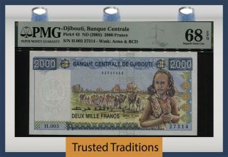Tt Pk 43 2005 Djibouti Banque Centrale 2000 Francs Pmg 68 Epq Only Three Finer