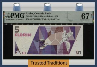 Tt Pk 6 1990 Aruba Centrale Bank 5 Florin Pmg 67 Epq Gem Uncirculated