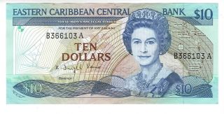Eastern Caribbean $10 Dollars Au Banknote (1985 Nd) P - 23a2 Antigua Prefix B