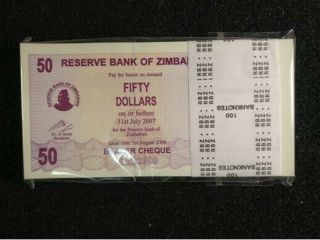2007 Zimbabwe $50 Dollars Unc Uncirculated Bundle 100 Notes Mt09