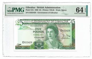Gibraltar £5 Pounds,  1988,  Pmg Choice Uncirculated 64 Epq,  Pick 21b
