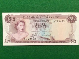 Lovely,  Near Uncirculated Bahamas 1965 1/2 Dollar Banknote,  Crisp, .