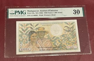 Madagascar 1000 Franc 200 Ariary Bank Note 1966 Pmg 30 Pick 59a Very Fine
