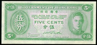 Hong Kong P.  322 1945 5 Cents Banknote Unc