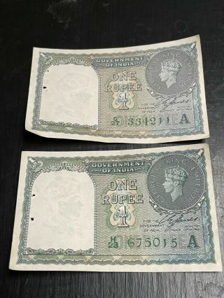 2x George Vi One Rupee (1) Government Of India Bank Notes