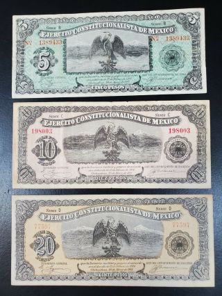 Mexico Bank Notes 5,  10 & 20 Pesos Ejercito Constitucionalista De Mexico 1914