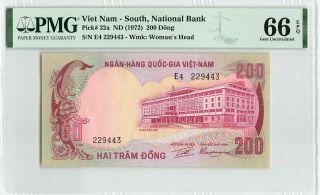 South Vietnam 200 Dong 1972,  P - 32a National Bank,  Pmg 66 Gem Unc,  Key Type