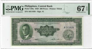 Philippines 200 Pesos 1949,  P - 139a Pmg 67 Epq Gem Unc,  Rare 2nd Finest