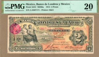 Mexico: 2 Pesos Banknote,  (f Pmg20),  P - S241,  1914,