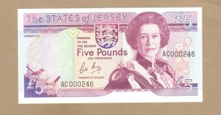 Jersey: 5 Pounds Banknote,  (unc),  P - 16a,  Low S/n,  1989,