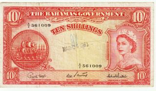 Bahamas 10 Shillings Banknote,  (1953) Choice Fine Cat 14 - C " Queen "