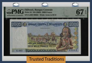 Tt Pk 43 2005 Djibouti Banque Centrale 2000 Francs Pmg 67 Epq Gem Unc