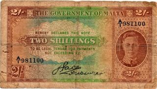 Malta 1942 Banknote 2 Shillings King George Vi As Pictured Uniface Note