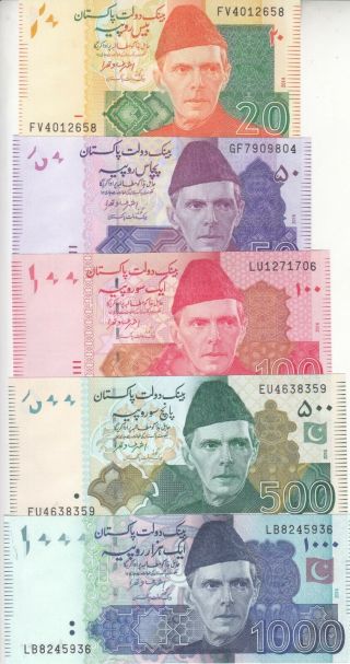 Pakistan 20 50 100 500 1000 Rupees 2014 2016 P - 48 49 50 Unc Set