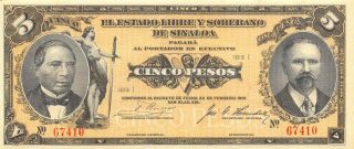 México / Sinaloa 5 Pesos 10.  4.  1915 M 3784a Series I Uncirculated Banknote Mm