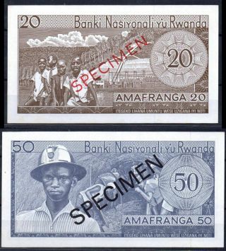 Rwanda P - 6,  P - 7 20,  50 Francs Specimen 1965,  1971 UNC Rare 2