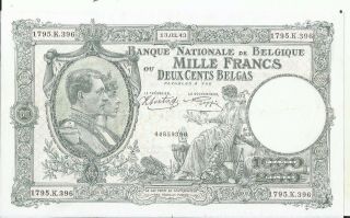 Belgium 1000 Francs 1943 P 110.  Huge Note.  F - Vf.  5rw 26abrl