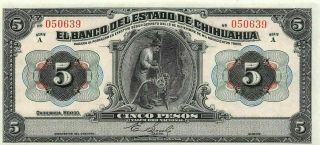 México / Chihuahua 5 Pesos 1913 M 95a Series A Uncirculated Banknote Mm