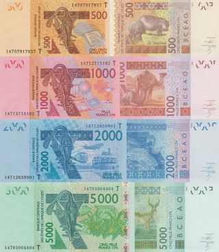 West African States - Togo: 4 Note Set - 500 - 5000 Francs (2013/14),  P817tn Unc